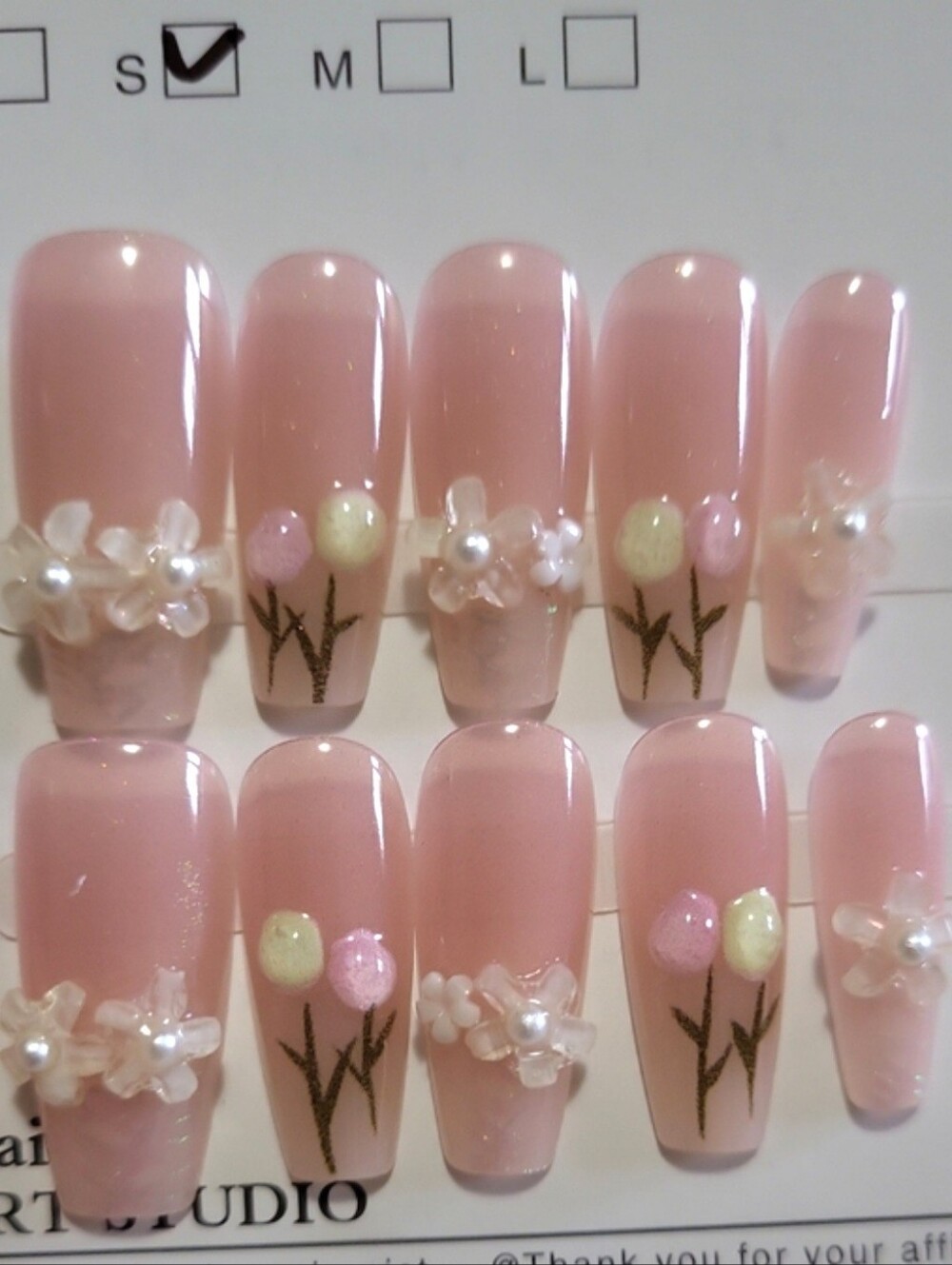 (S)🎀Premium Nail Art Pink Coffin Style w/ 3D Pearls Press On Nails